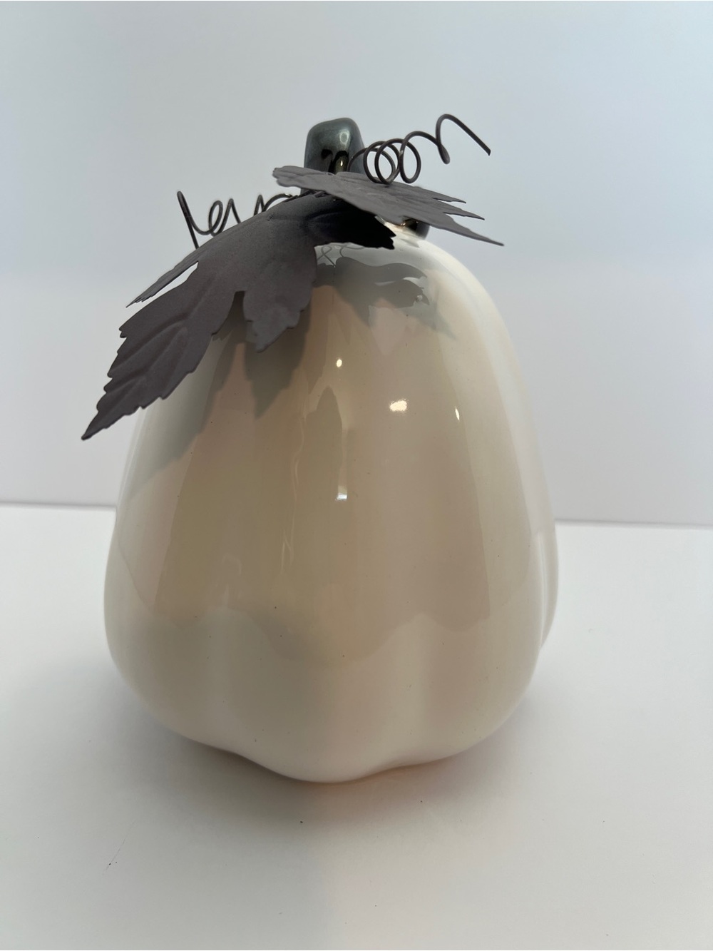 Tall Cream Ceramic Pumpkin With Metal Leaves & Wire Vines 6 1/4-Inch Fall Decor